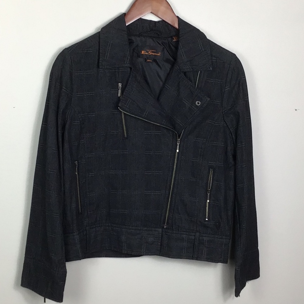 Ben Sherman Black plaid moto style jacket zippers Size small cotton denim